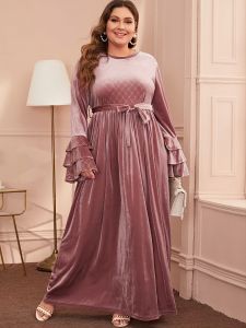 Plus Size Velvet Geometric Pattern Ruffle Sleeve Long Dress; Women's Plus Elegant Maxi Dress