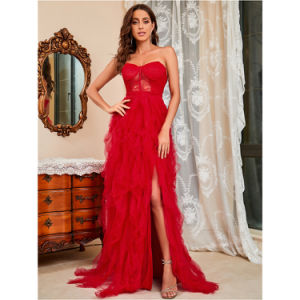 Women Evening Dress Trailing Ball Gown Plus Size S-5XL Sexy Tube Top Slit Hem Lace Tulle Dress Slim Fit Classic Black Red Spring Summer Autumn