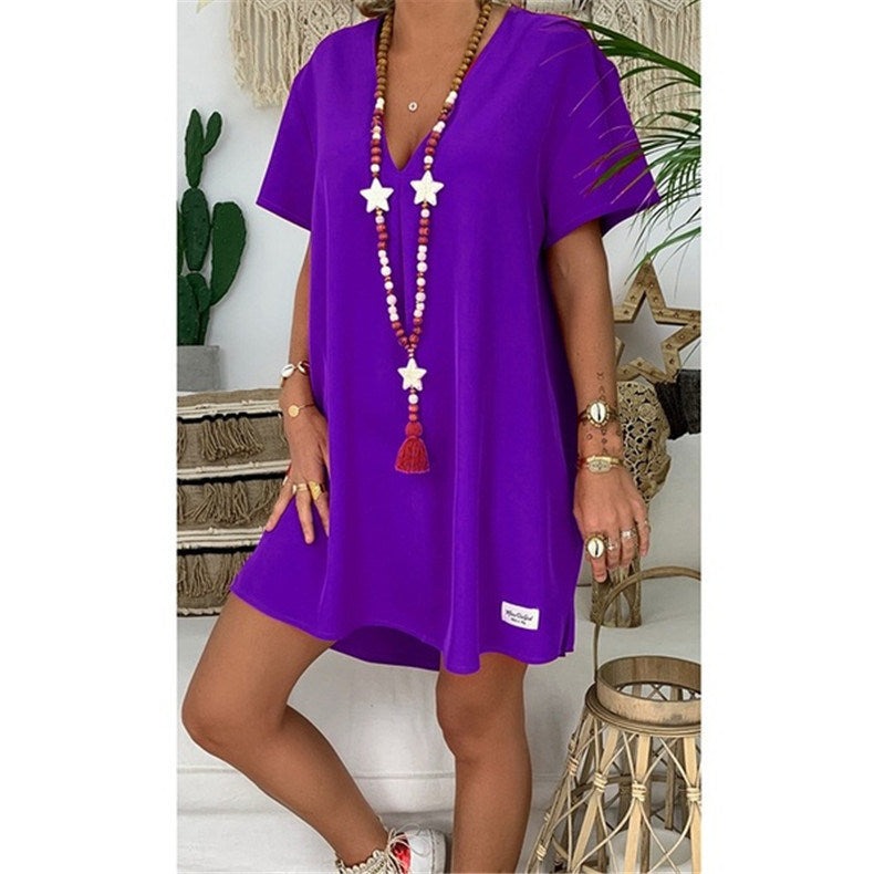 European and American new women's fashion V-neck short-sleeved fruit loose dress