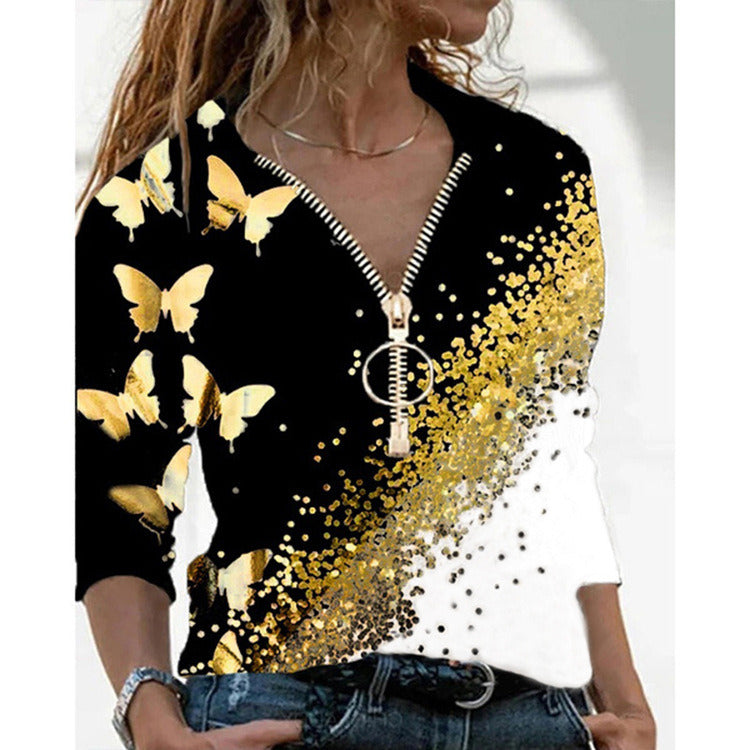 Women Autumn Spring Long Sleeve T Shirt Tops V Neck Zipper Butterfly Print Casual Plus Size 5XL Pullover T-shirt Fall Tops