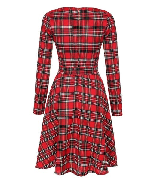 New Arrival Women Sexy Vintage Long Sleeve Plaid Cocktail Evening Party Long Dress