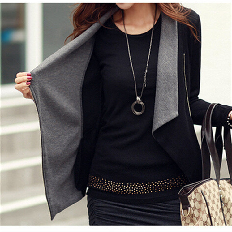 Fashion Woman Autumn Top Outwear Coat Patchwork Zipper Turn Down Lapel Collar Zipper Slim Coat