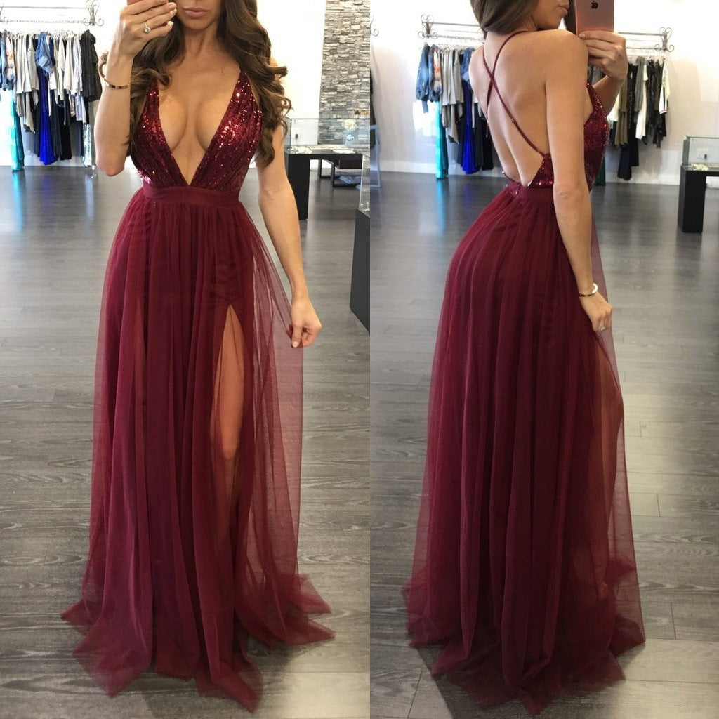 Spring and Summer Sexy V-neck Halter Strap Mesh Stitching Sequins Chiffon Dress Long Skirt Evening Dress