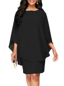 Plus Size Solid Round Neck 3/4 Sleeve Cape Midi Dress; Women's Plus Elegant Slight Stretch Cape Midi Dress