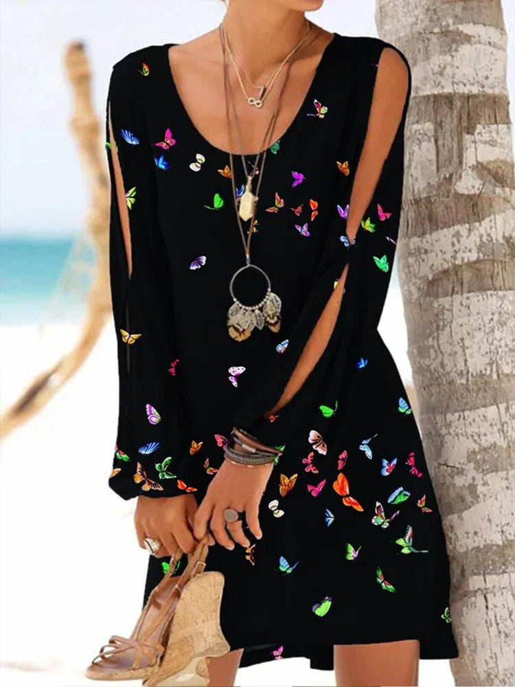 Women's Butterfly Print Long Sleeve Hollow Loose Beach Dress