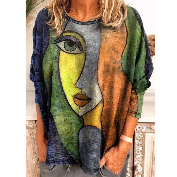 autumn and winter new plus size women's face print long-sleeved loose T-shirt tops