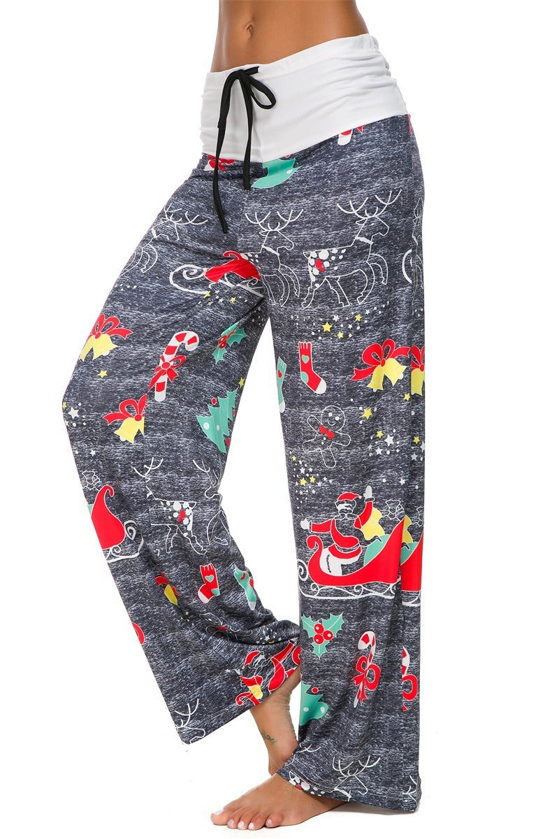 Christmas Snowflake Elk Print Stitched Casual Wide Leg Pants