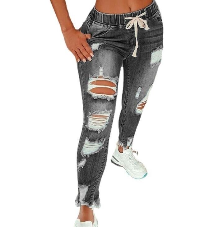 Drawstring Ripped Casual Jeans