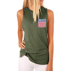 New Women's Round Neck Vest Pocket Star Flag Print Sexy Sleeveless T-shirt