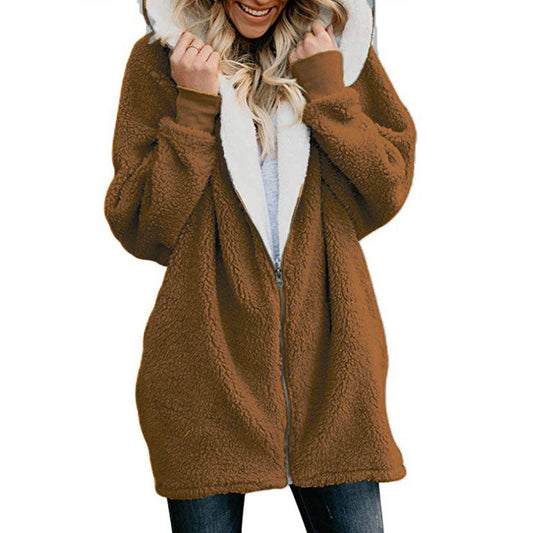 European and American women's autumn and winter new hooded zipper cardigan fur coat plush sweater