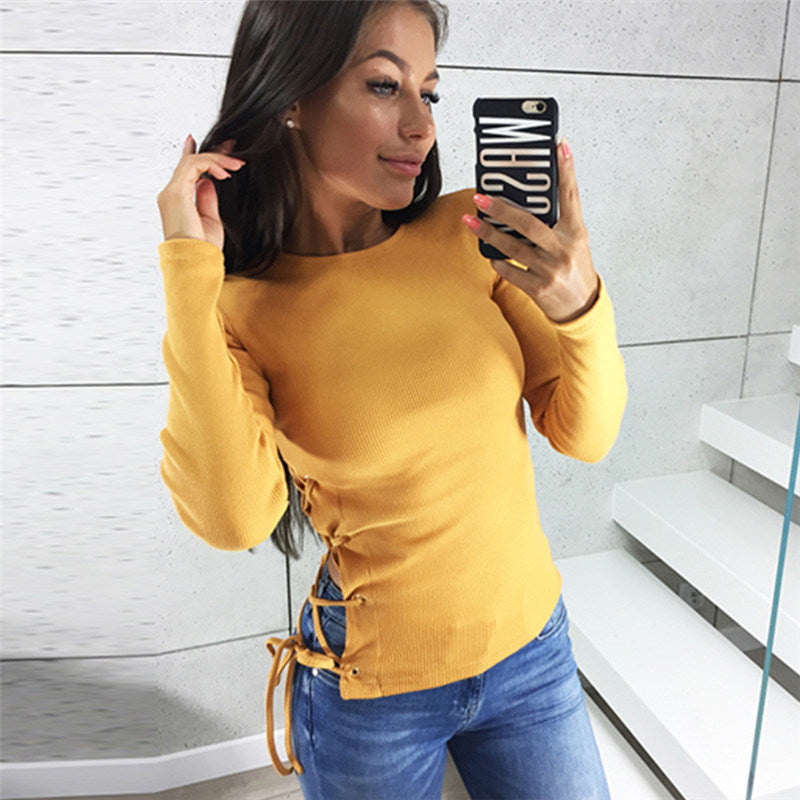 Autumn and Winter New Sexy Solid Color Long-sleeved Round Neck Straps Women's Sweater