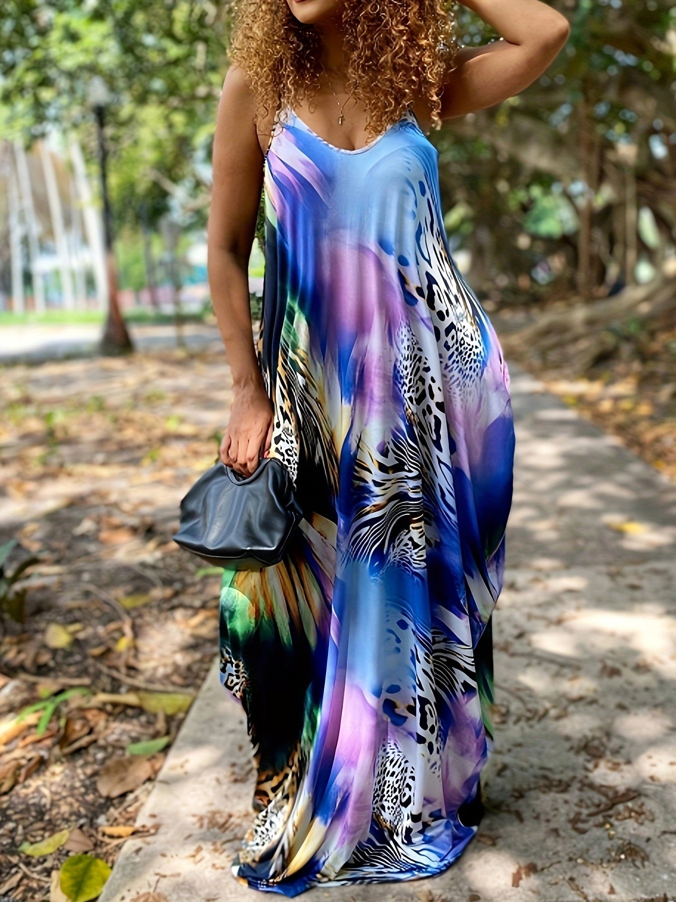 Plus Size Graphic Print V Neck Cami Maxi Dress; Women's Plus Slight Stretch Casual Long Dress