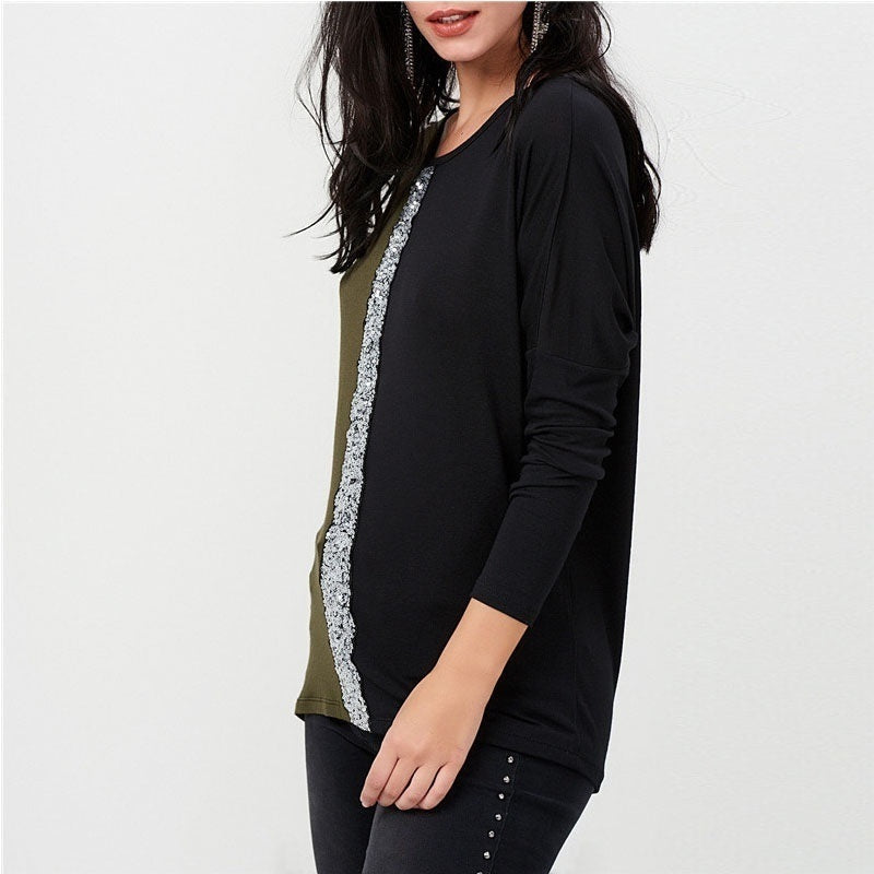 Women Long Sleeve Fashion Sequins Patchwork T Shirt Female Tshirt Autumn Casual Loose Tops Tee Shirt Femme Plus Size