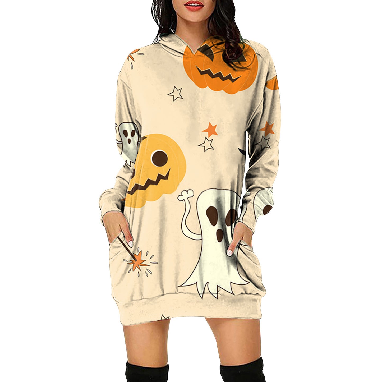 2021 Autumn And Winter Halloween Women's Digital Printed Hooded Long Sleeve Dress