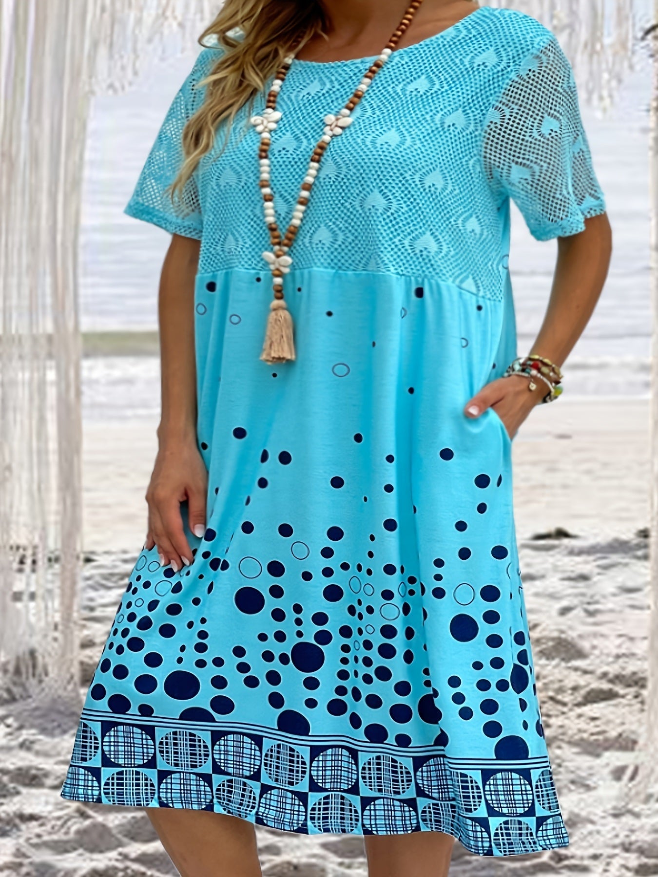 Plus Size Elegant Dress; Women's Plus Contrast Mesh Dot Print Short Sleeve Midi Dress With Pockets