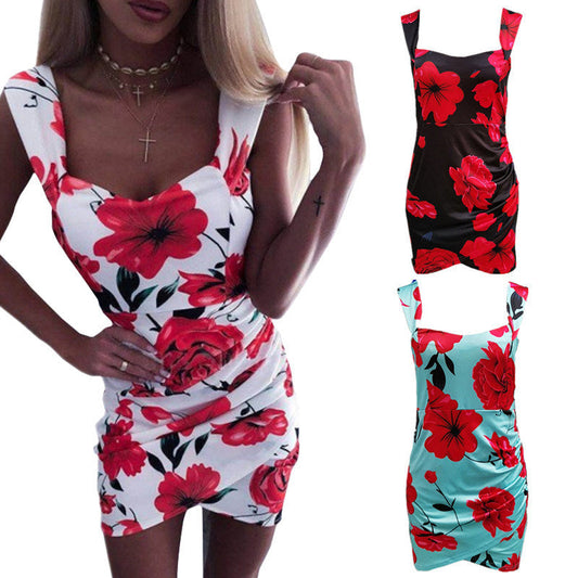 Women's Summer Sleeveless Print Slim Bag Hip Dress