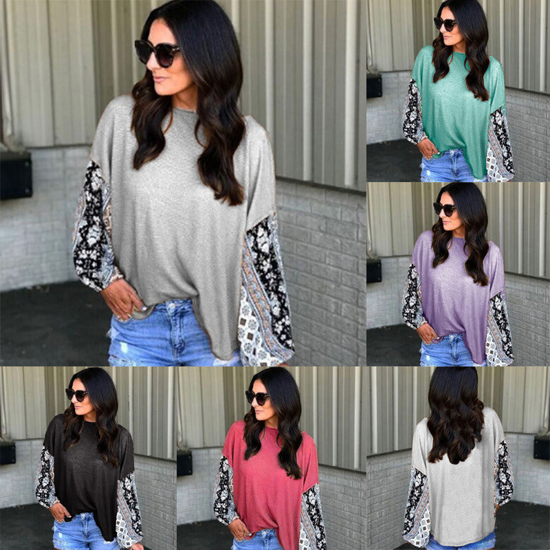 autumn and winter new round neck lace stitching long sleeve casual T-shirt female