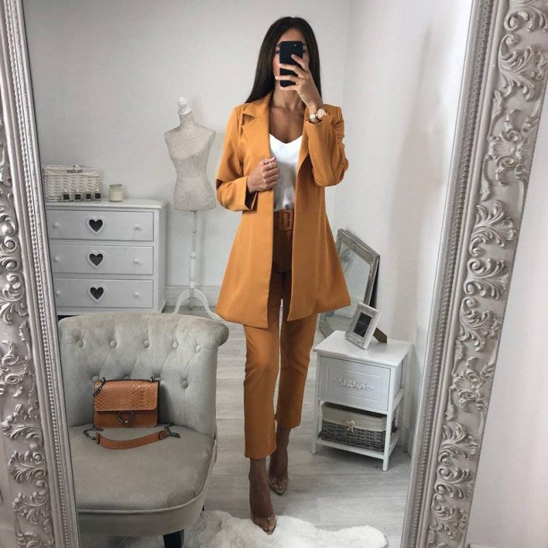 Women Fashion Simple OL Lapel Small Suit Long Sleeved Jacket with Belt