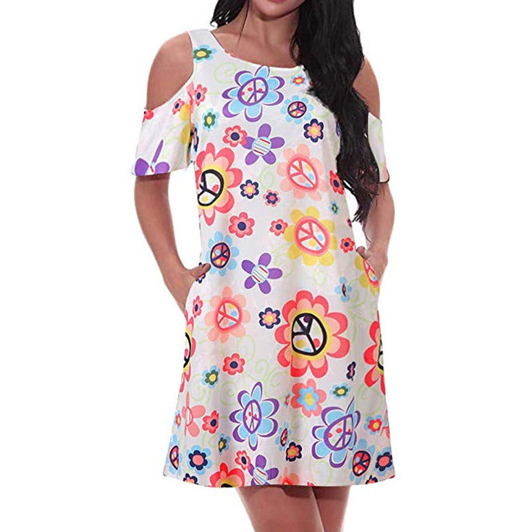 New Women's Short-sleeved Strapless Women's Big Pendulum Printed Dress