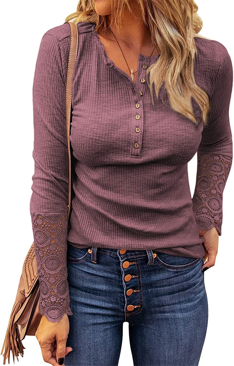 Womens Ribbed Knit Henley Long Sleeves Tunic Lace Tops V Neck Button Shirts Casual Slim Fit Blouses