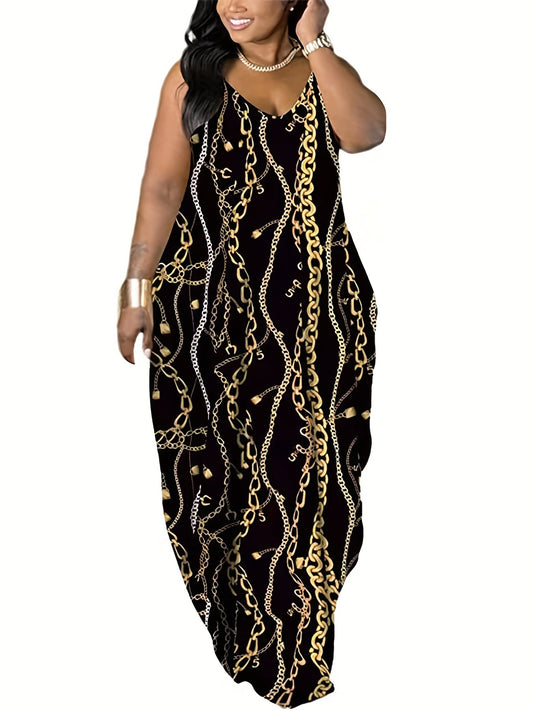 Plus Size Casual Dress; Women's Plus Chain Print V Neck Medium Stretch Cami Maxi Dress