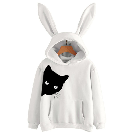 Fashion women's new hoodie rabbit ears cat print long-sleeved fleece sweatshirt