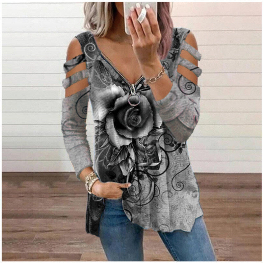 Women's New Style V-neck Zipper Rose Flower Print Casual T-shirt Top