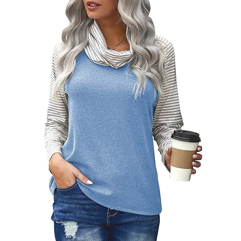 Women's Stitching Long Sleeve Stack Neck Top Striped Sleeve Printed T-Shirt