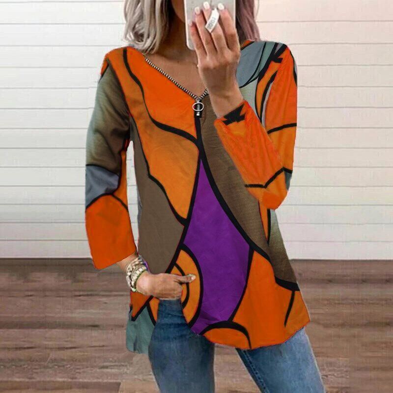 Autumn Fashion Women's Tops Color Block V-neck Zipper Casual 7-point Sleeve Top