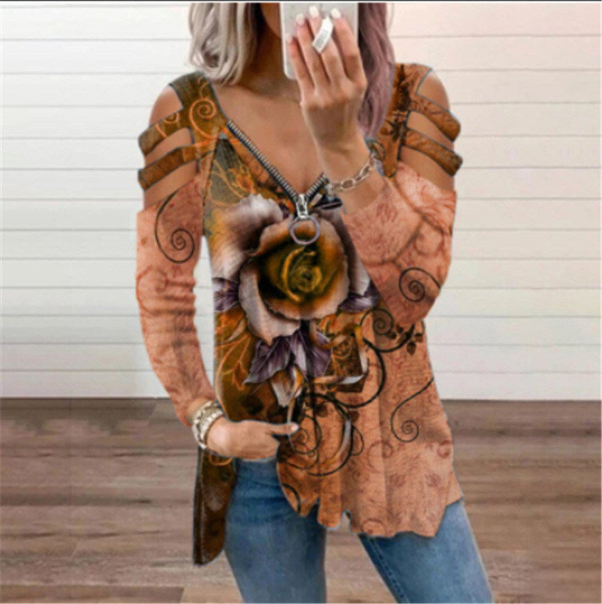 Women's New Style V-neck Zipper Rose Flower Print Casual T-shirt Top