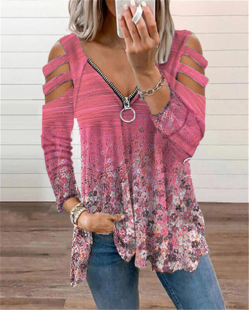 Autumn and Winter Women's Clothing V-neck Small Floral Zipper Long-sleeved Loose T-shirt Top