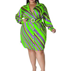 Plus Size Strip Print Lapel Collar Belted Mini Dress; Women's Plus Elegant Shirt Dress