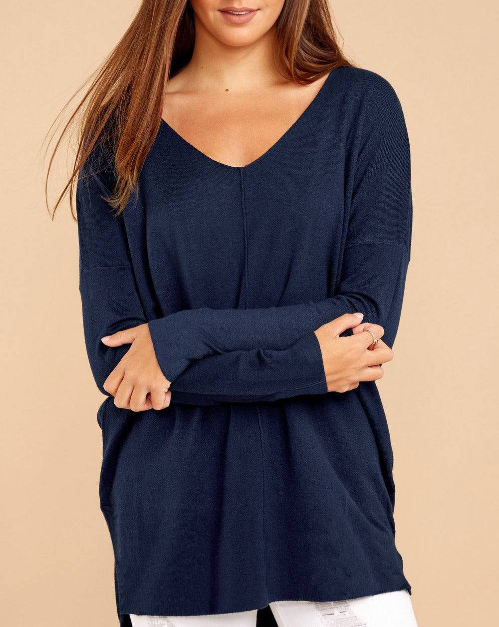 Autumn and Winter Hot Tops Sexy V-neck Loose Open Hem Long Sleeved Tops