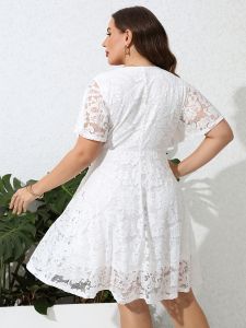 Plus Size Contrast Lace V Neck Ruffle Hem Midi Dress; Women's Plus Medium Stretch Elegant Bridal Wedding Dress