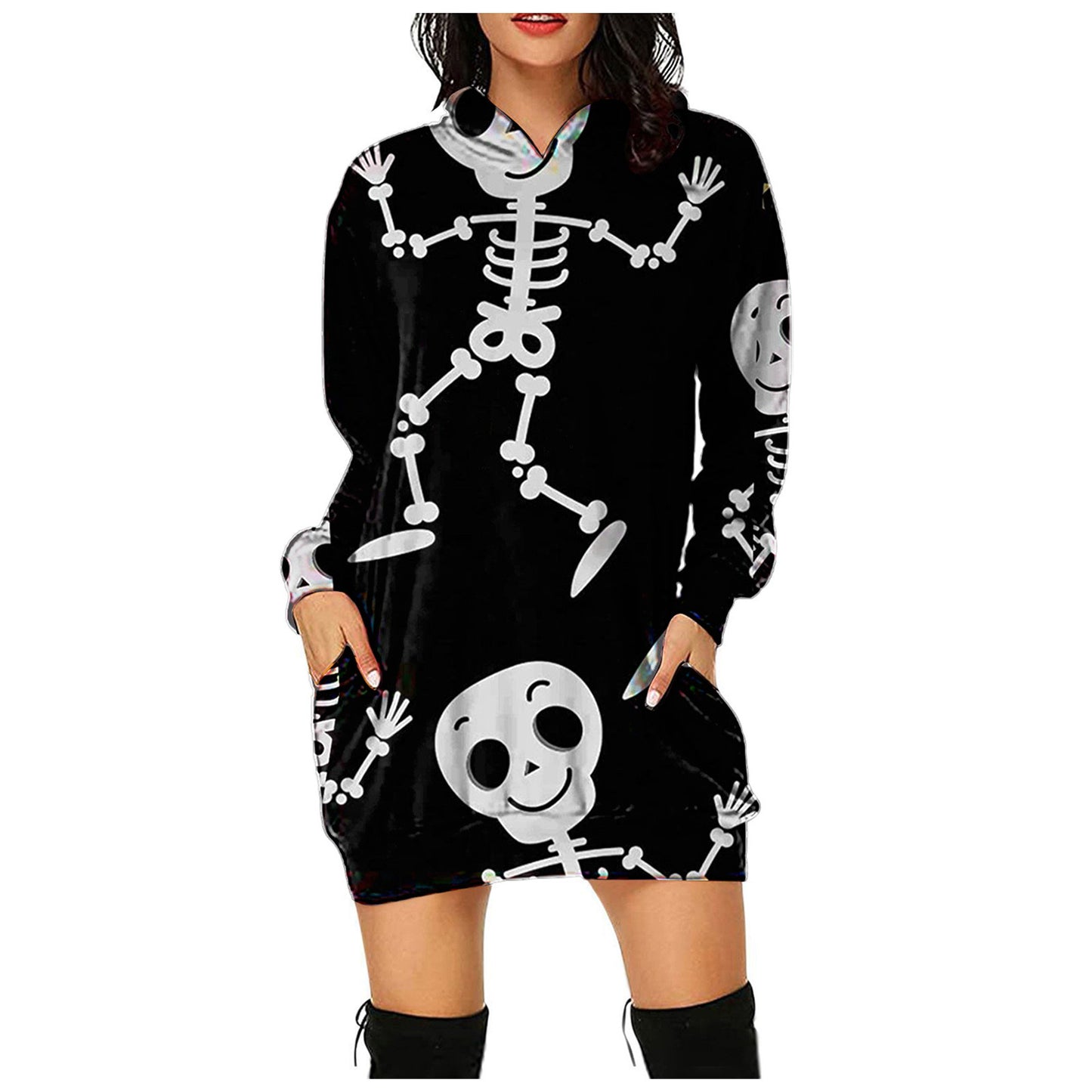 Halloween Women's New Style Dress Digital Printed Hooded Long Sleeve Dress