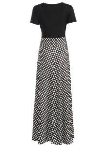 Plus Size Colorblock Polka Dot Short Sleeve Maxi Dress; Women's Plus Elegant Medium Stretch Long Dress