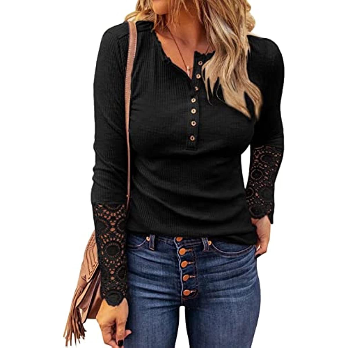 Womens Ribbed Knit Henley Long Sleeves Tunic Lace Tops V Neck Button Shirts Casual Slim Fit Blouses