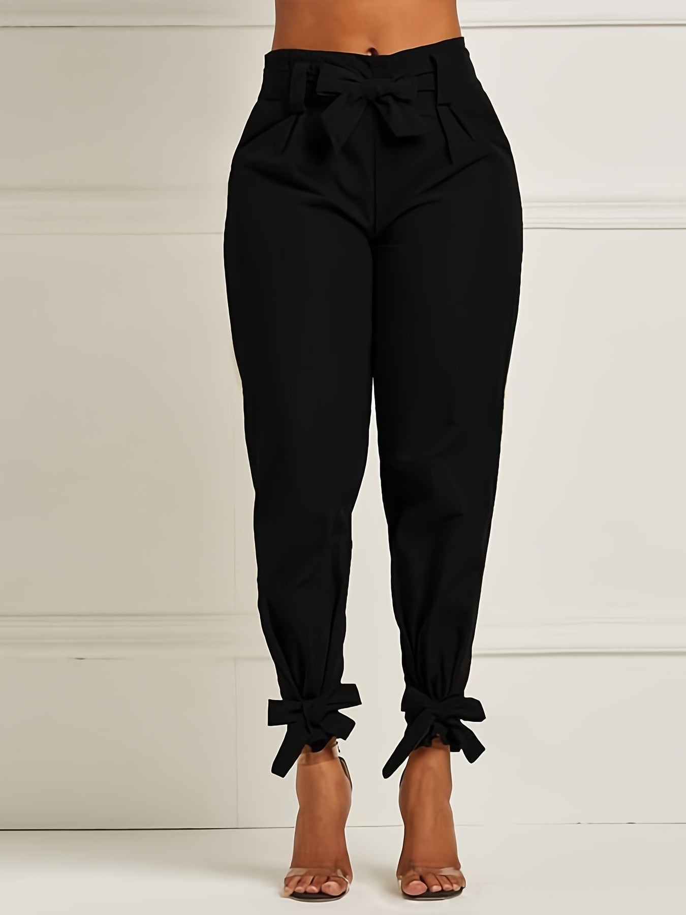 Solid Bowknot Loose Pencil Pants; Mature High Stretch High Waist Pants For Spring & Fall