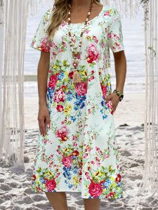 Plus Size Casual Dress; Women's Plus Floral Print Short Sleeve Round Neck Dress With Pockets