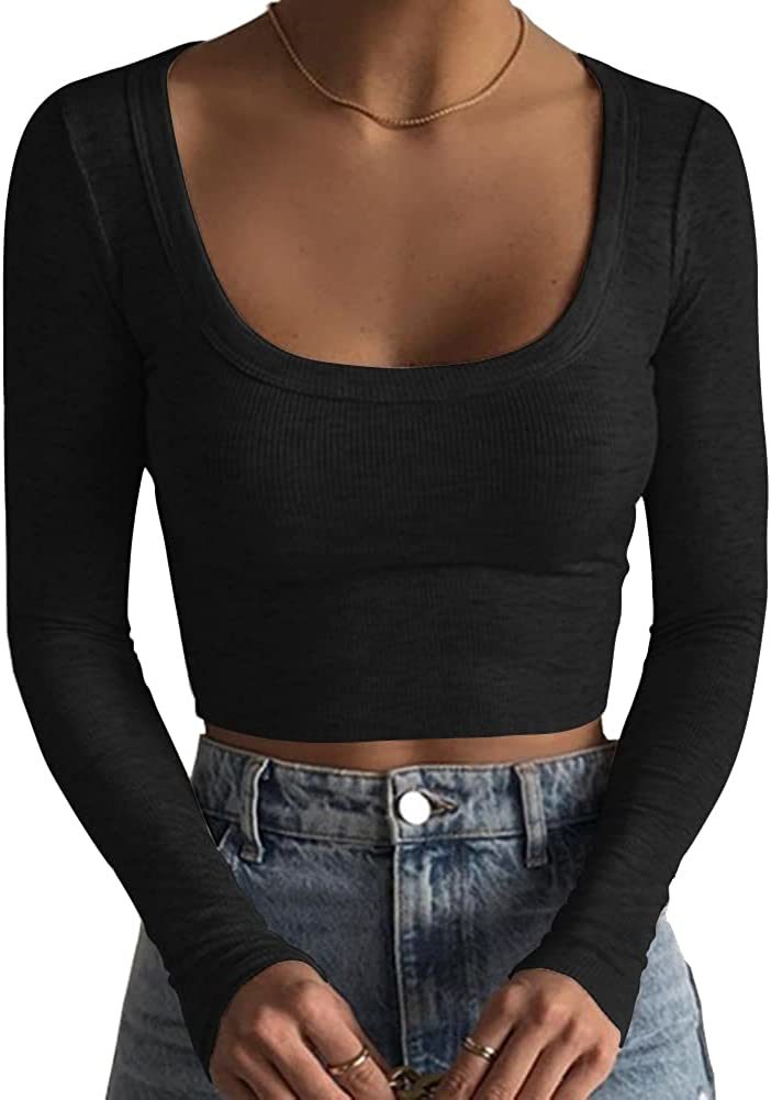 Women's Square Neck Long Sleeve Ribbed Slim Fitted Casual Basic Crop Top