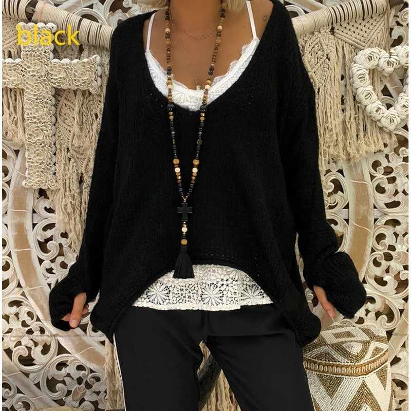 explosion v-neck glove knitting irregular long-sleeved sweater female