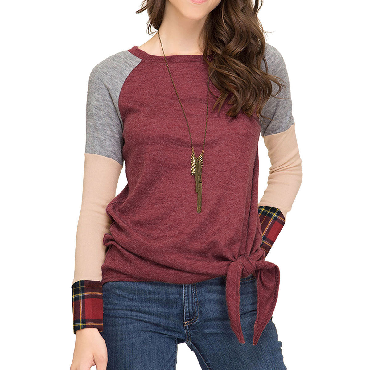 autumn and winter new European and American women's plaid stitching hem knotted T-shirt top