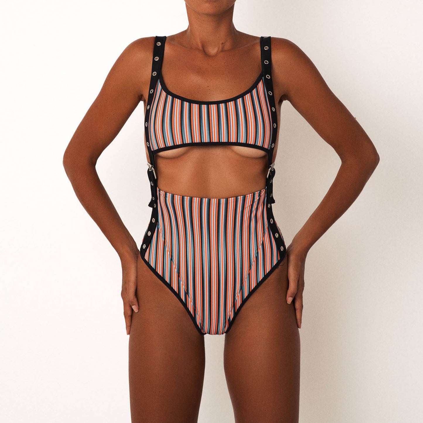 Europe and the new swimwear sexy striped strap buckle one-piece swimsuit