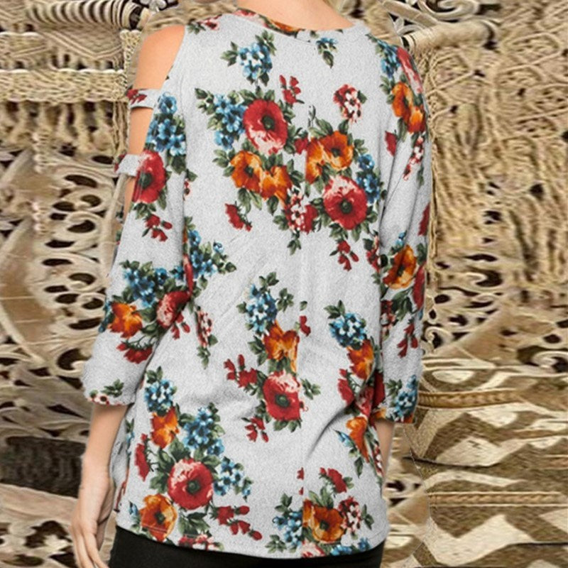 Autumn Printed Flower Round Neck Long Sleeve Hollow Casual Women's T-shirt