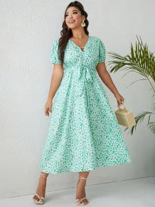 Plus Size Elegant Dress; Women's Plus Floral Print V Neck Belted Short Sleeve Flowy Maxi Dress