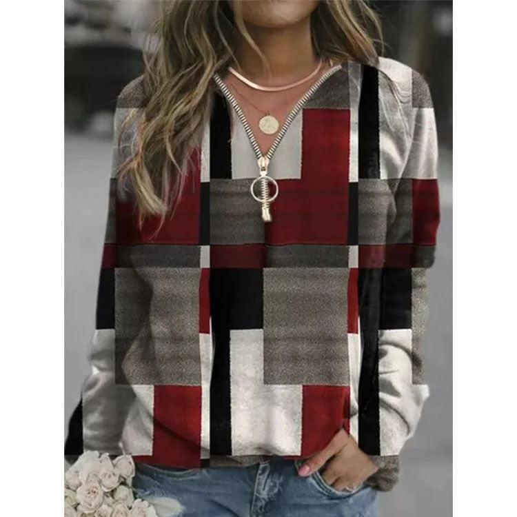 autumn and winter new women's sweater V-neck zipper plaid printed fleece jacket