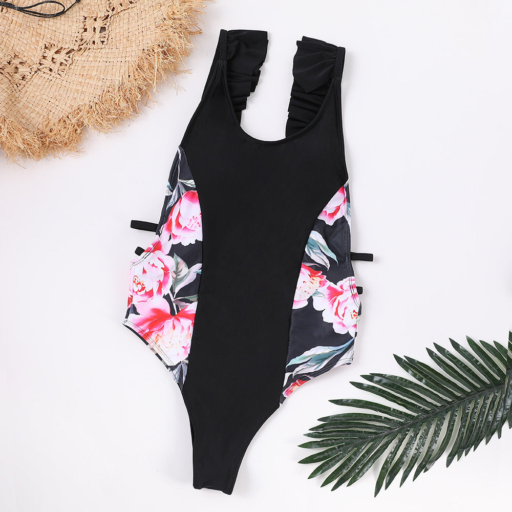 Europe and the United States new swimwear print bandages one-piece lace swimsuit