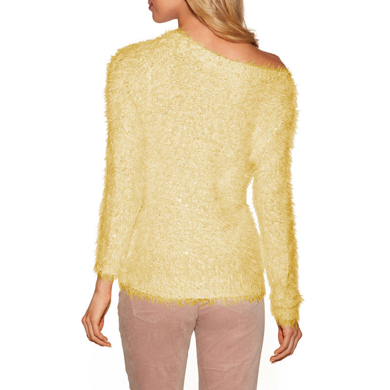 European and American women's new rabbit fur round neck solid color long-sleeved slim sweater