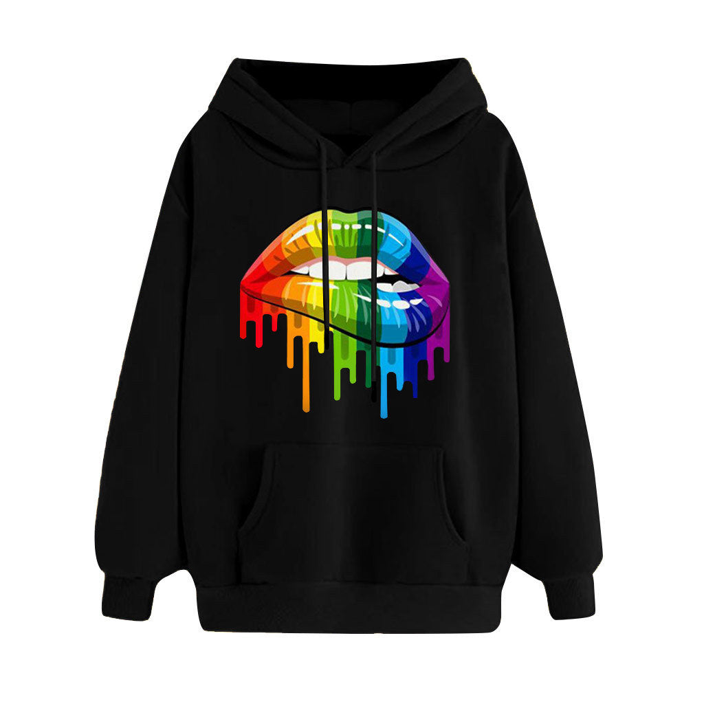 Autumn and winter new women's rainbow candy color plus velvet hoodie long-sleeved lip print loose hooded hoodie