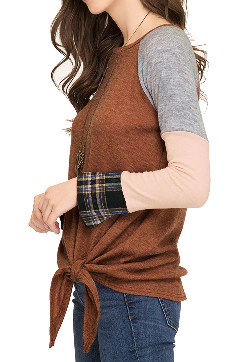 autumn and winter new European and American women's plaid stitching hem knotted T-shirt top